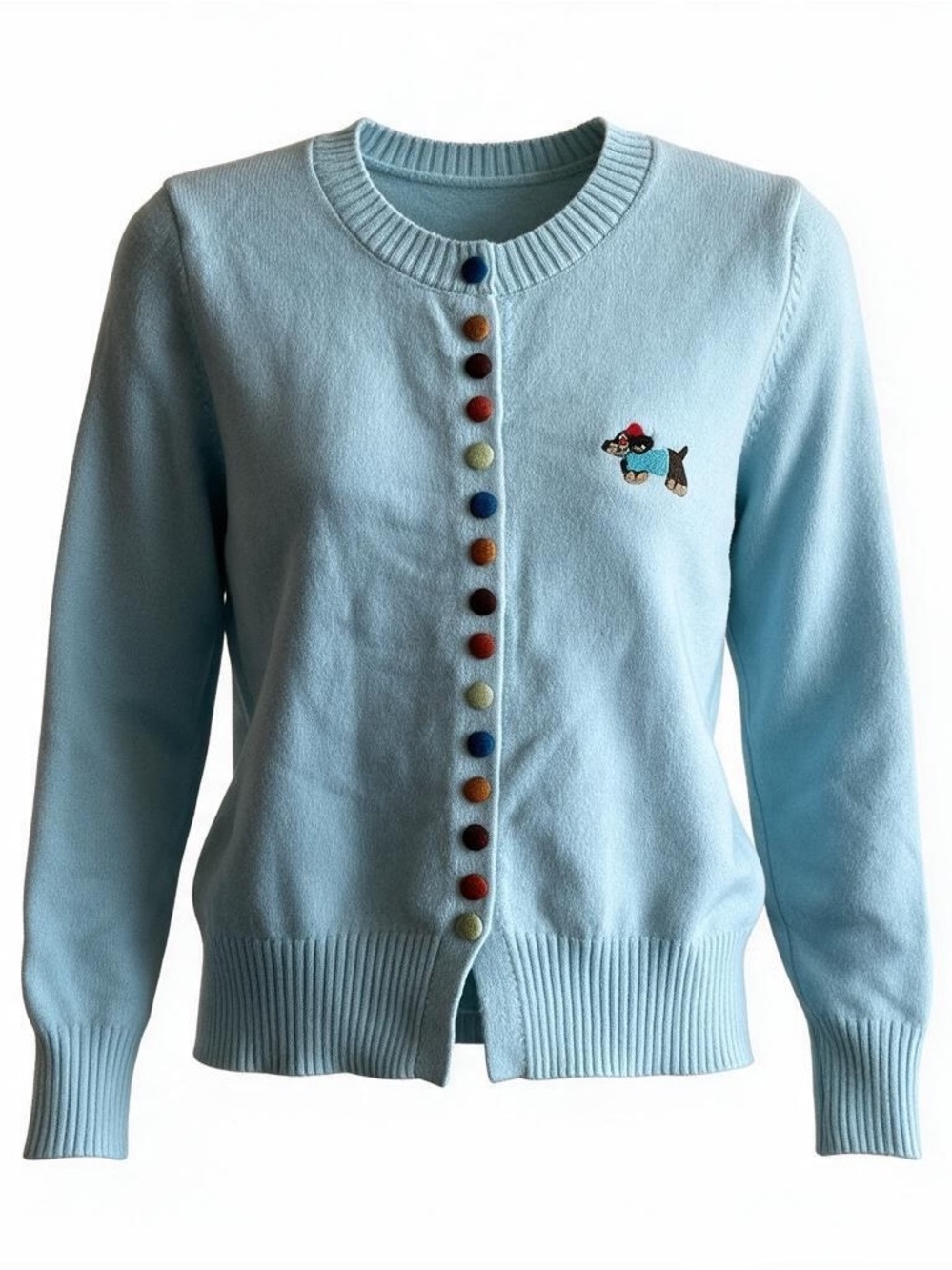 Light Blue Embroidered Crewneck Cardigan Sweater with cute colorful buttons Y2K